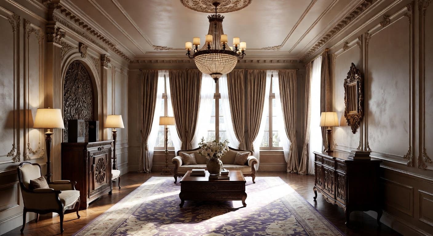 Digital Baroque meditation space interior design - featuring digital baroque style furniture, decor, colors, and layout ideas for your meditation space