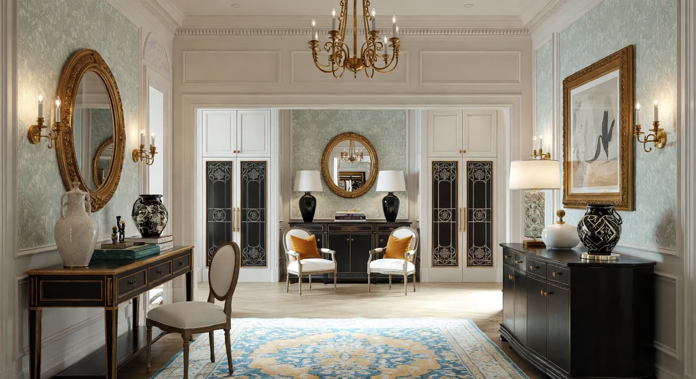 Digital Baroque mudroom interior design - featuring digital baroque style furniture, decor, colors, and layout ideas for your mudroom