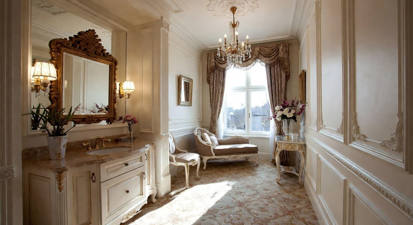 Digital Baroque powder room interior design - featuring digital baroque style furniture, decor, colors, and layout ideas for your powder room