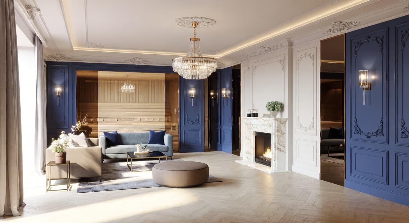 Digital Baroque sauna / spa room interior design - featuring digital baroque style furniture, decor, colors, and layout ideas for your sauna / spa room