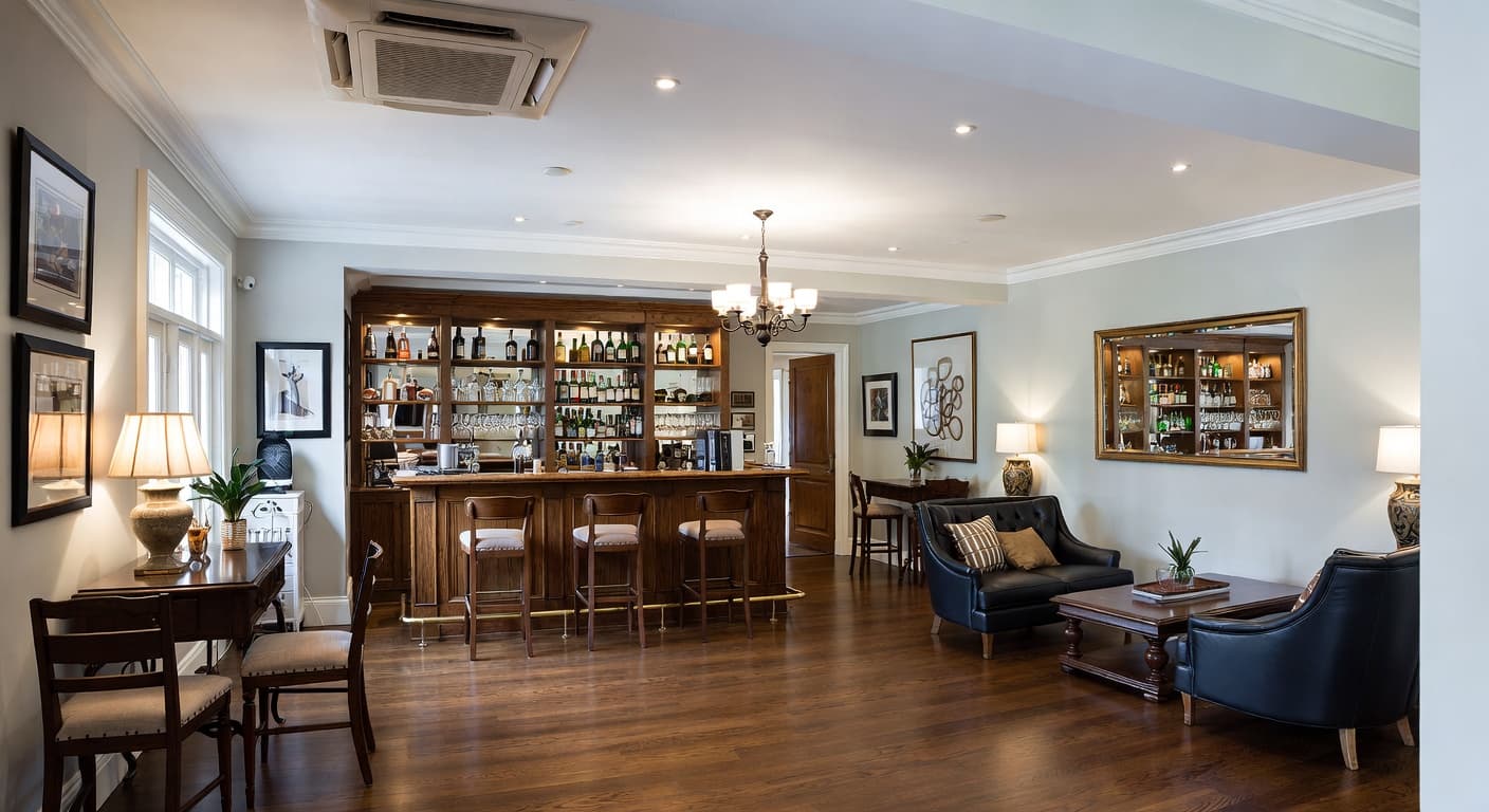 Dutch Colonial bar room interior design - featuring dutch colonial style furniture, decor, colors, and layout ideas for your bar room