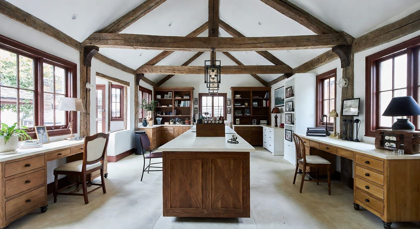 Dutch Colonial craft room / studio interior design - featuring dutch colonial style furniture, decor, colors, and layout ideas for your craft room / studio