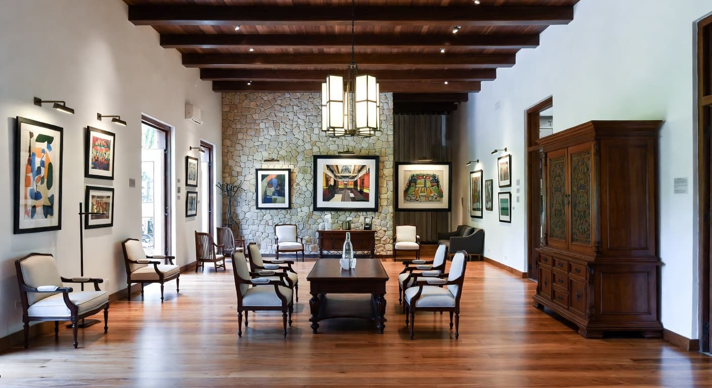 Dutch Colonial gallery / art display interior design - featuring dutch colonial style furniture, decor, colors, and layout ideas for your gallery / art display