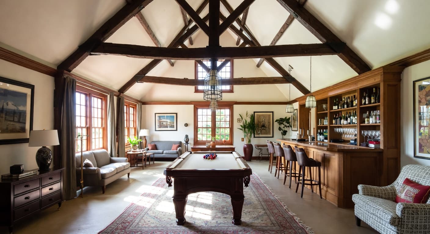 Dutch Colonial game room interior design - featuring dutch colonial style furniture, decor, colors, and layout ideas for your game room