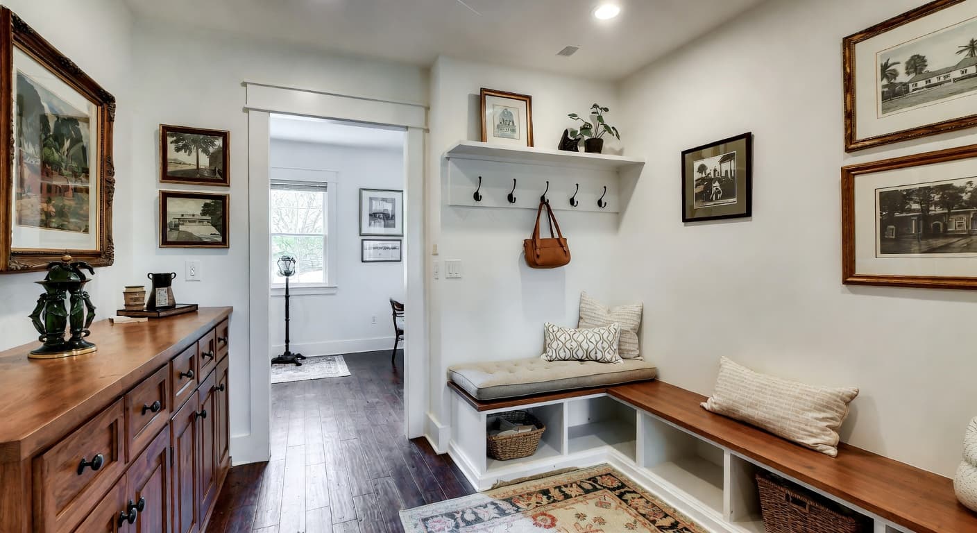 Dutch Colonial mudroom interior design - featuring dutch colonial style furniture, decor, colors, and layout ideas for your mudroom