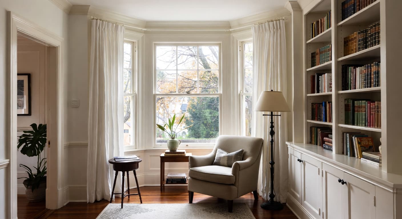 Dutch Colonial reading nook interior design - featuring dutch colonial style furniture, decor, colors, and layout ideas for your reading nook