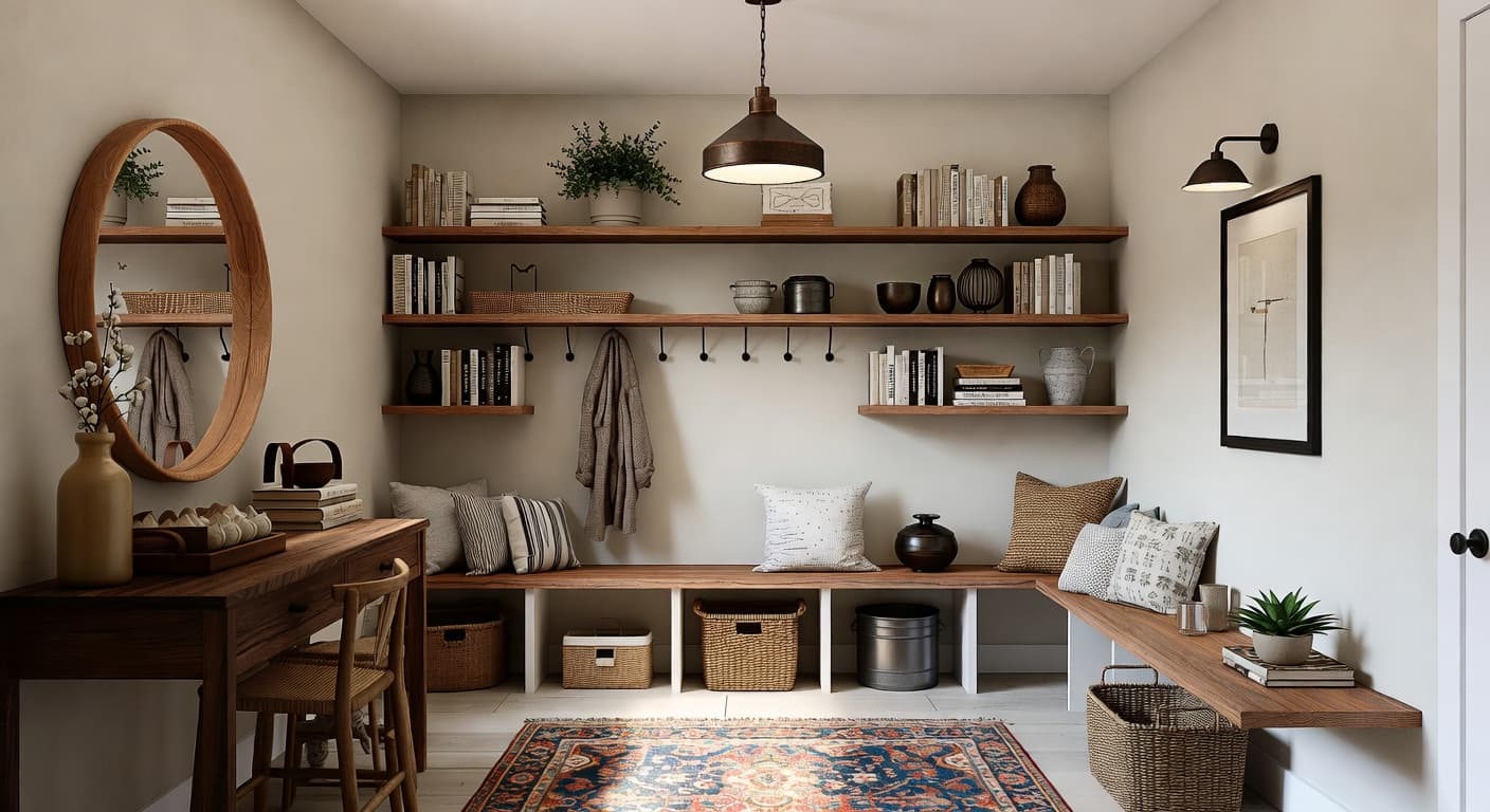 Eclectic mudroom interior design - featuring eclectic style furniture, decor, colors, and layout ideas for your mudroom