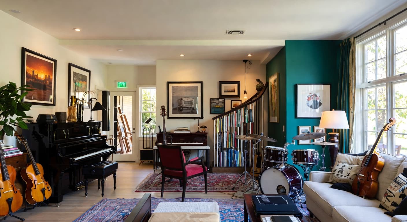 Eclectic music room interior design - featuring eclectic style furniture, decor, colors, and layout ideas for your music room