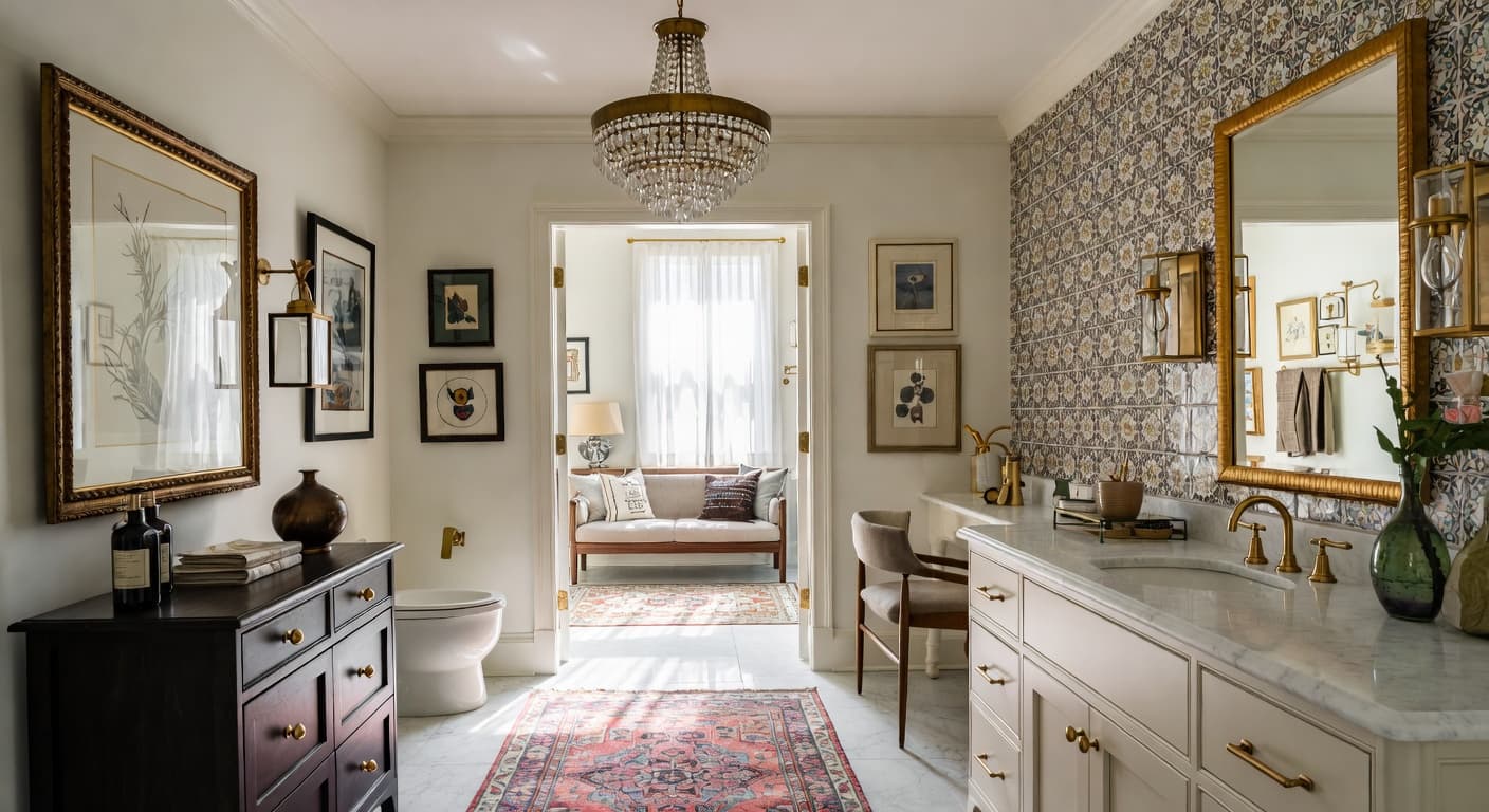 Eclectic powder room interior design - featuring eclectic style furniture, decor, colors, and layout ideas for your powder room