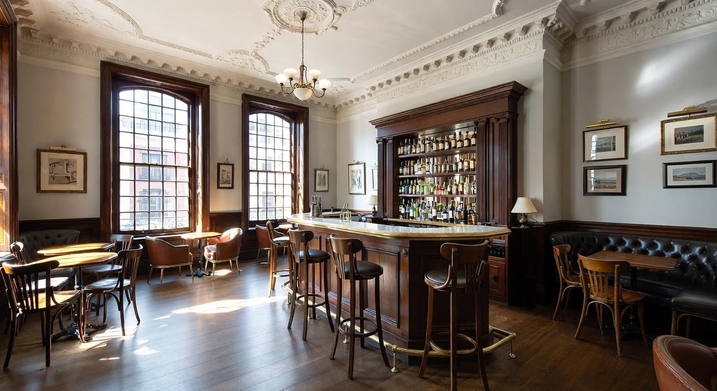 Edwardian bar room interior design - featuring edwardian style furniture, decor, colors, and layout ideas for your bar room