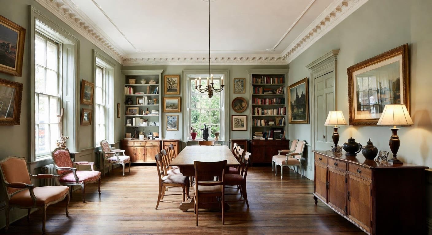 Edwardian craft room / studio interior design - featuring edwardian style furniture, decor, colors, and layout ideas for your craft room / studio