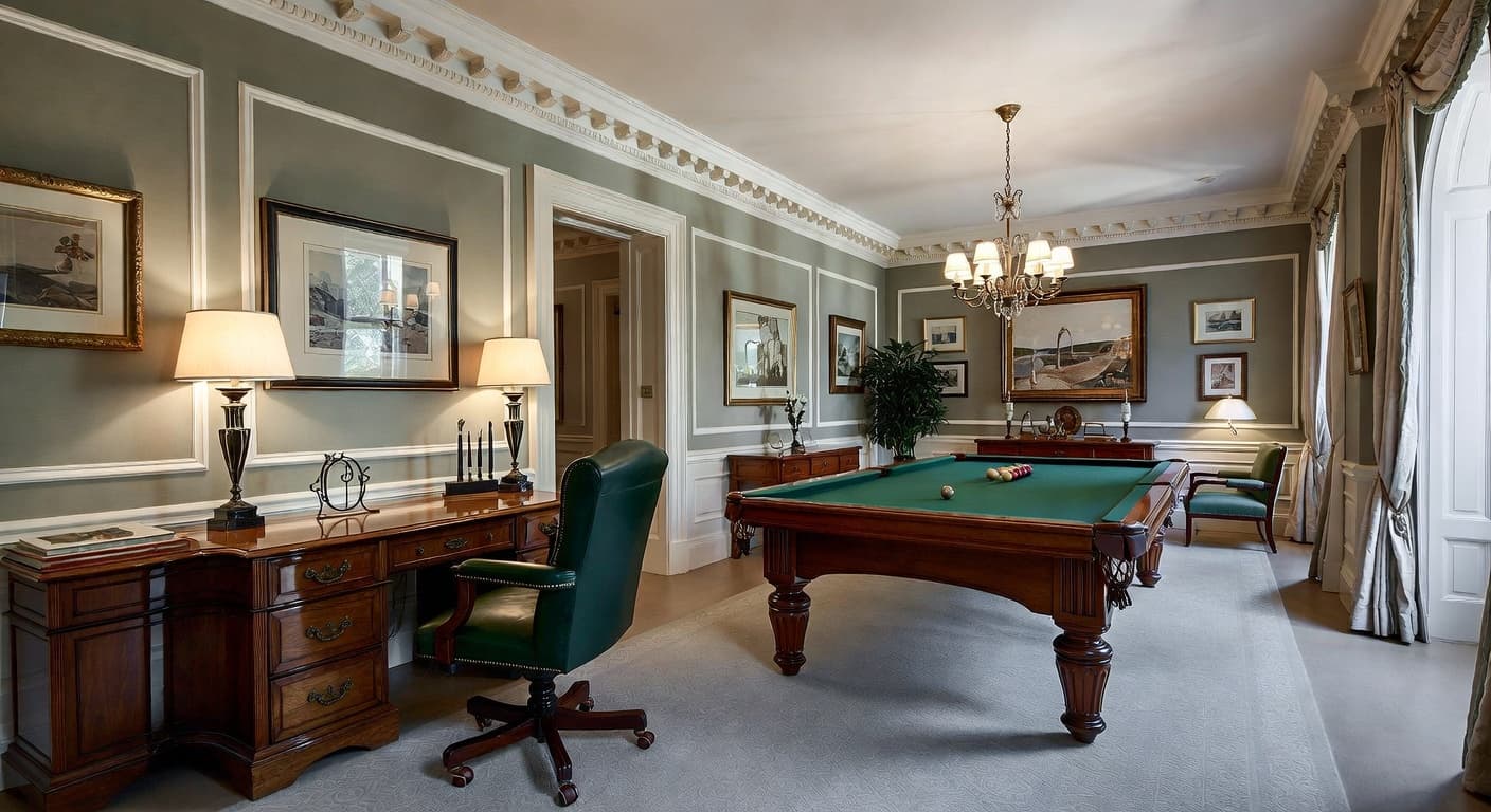 Edwardian game room interior design - featuring edwardian style furniture, decor, colors, and layout ideas for your game room