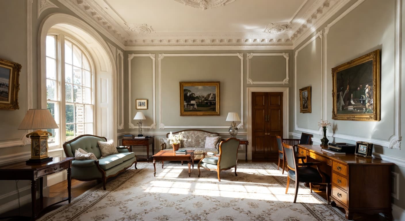 Edwardian multi-purpose room interior design - featuring edwardian style furniture, decor, colors, and layout ideas for your multi-purpose room