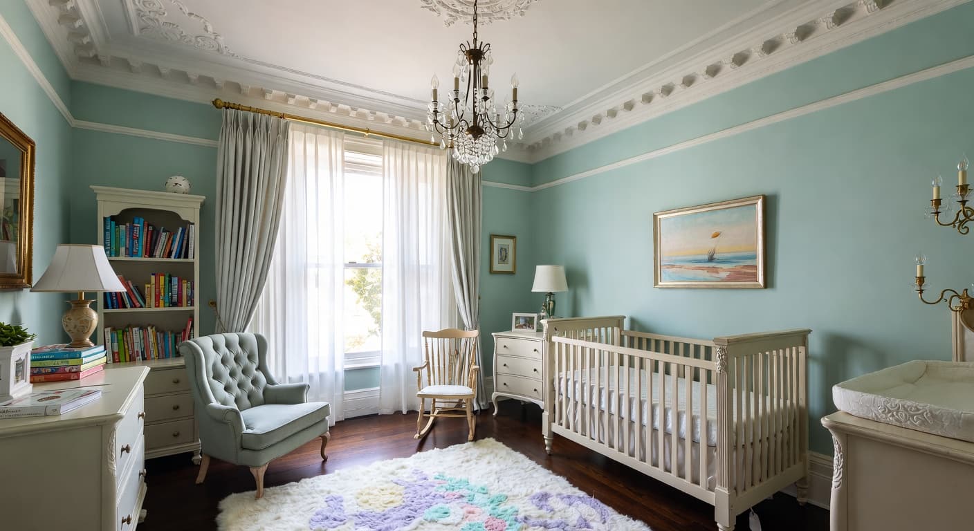 Edwardian nursery interior design - featuring edwardian style furniture, decor, colors, and layout ideas for your nursery