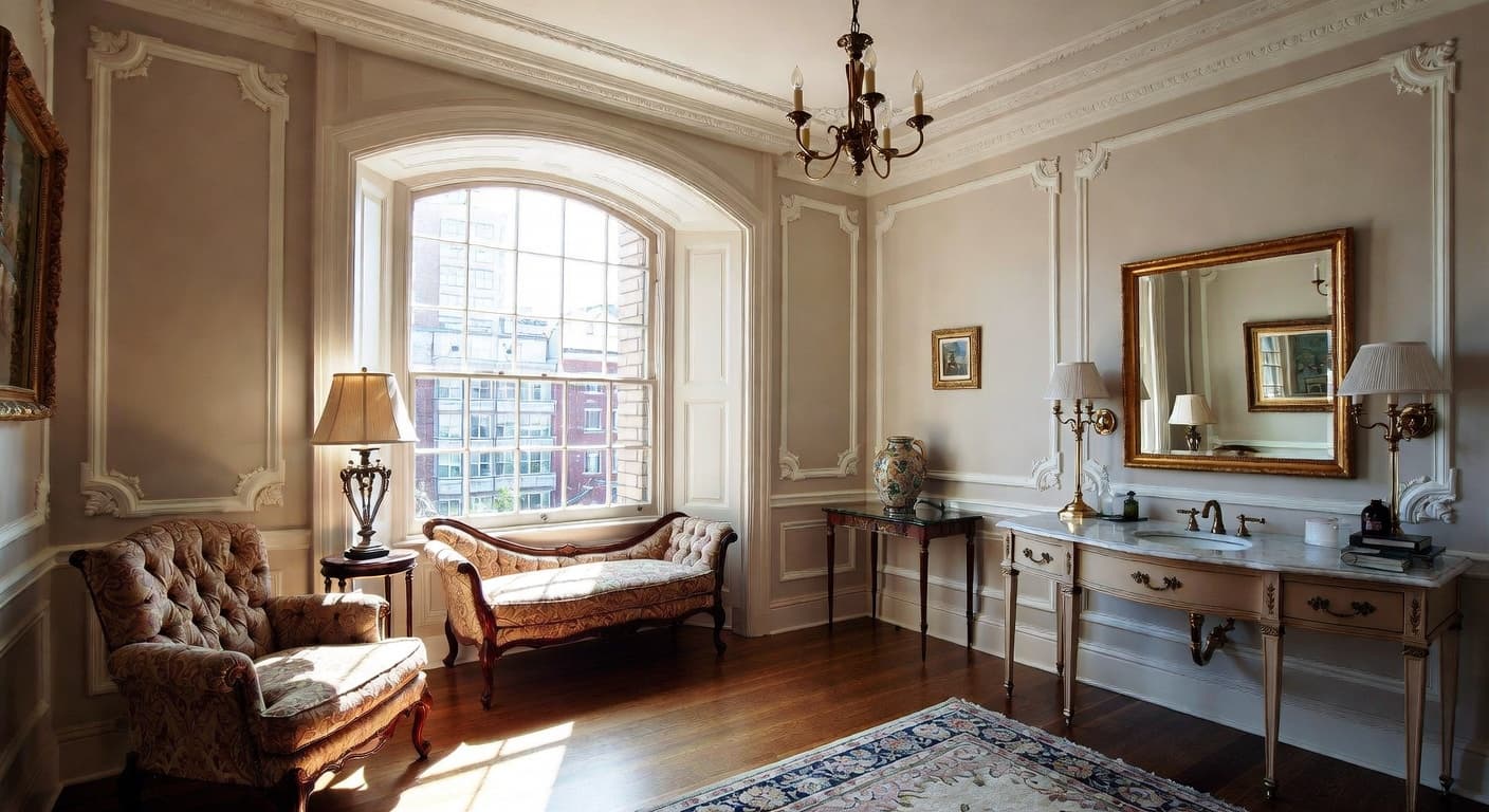 Edwardian powder room interior design - featuring edwardian style furniture, decor, colors, and layout ideas for your powder room