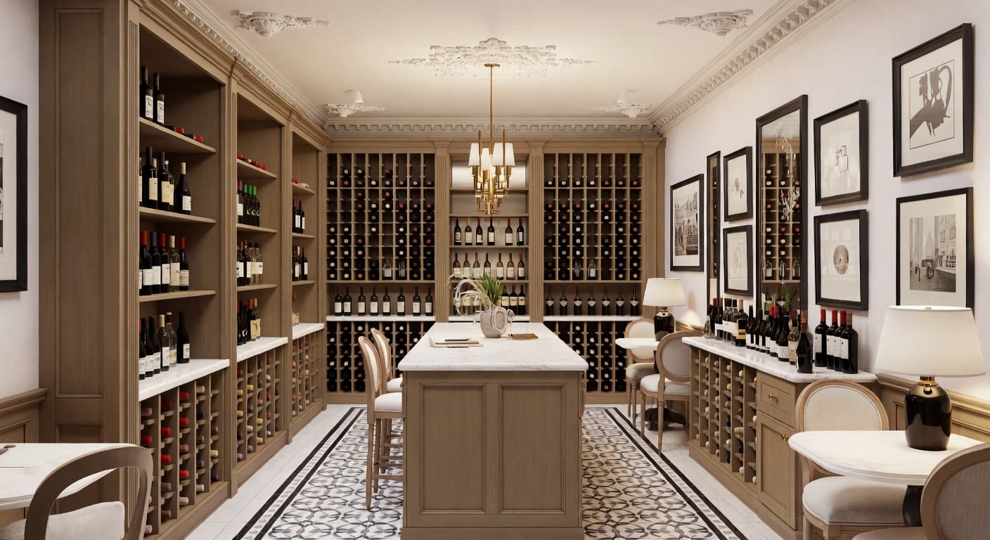 Edwardian wine cellar interior design - featuring edwardian style furniture, decor, colors, and layout ideas for your wine cellar