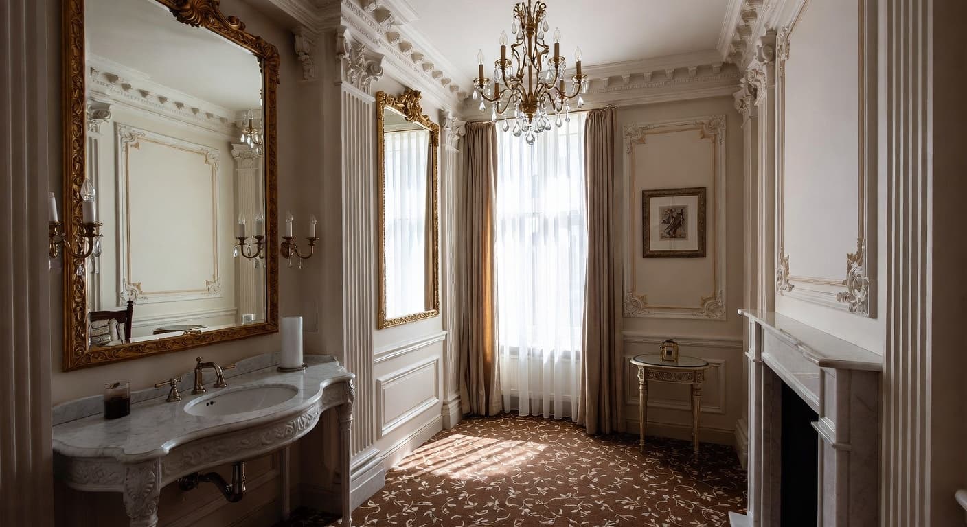 Empire powder room interior design - featuring empire style furniture, decor, colors, and layout ideas for your powder room