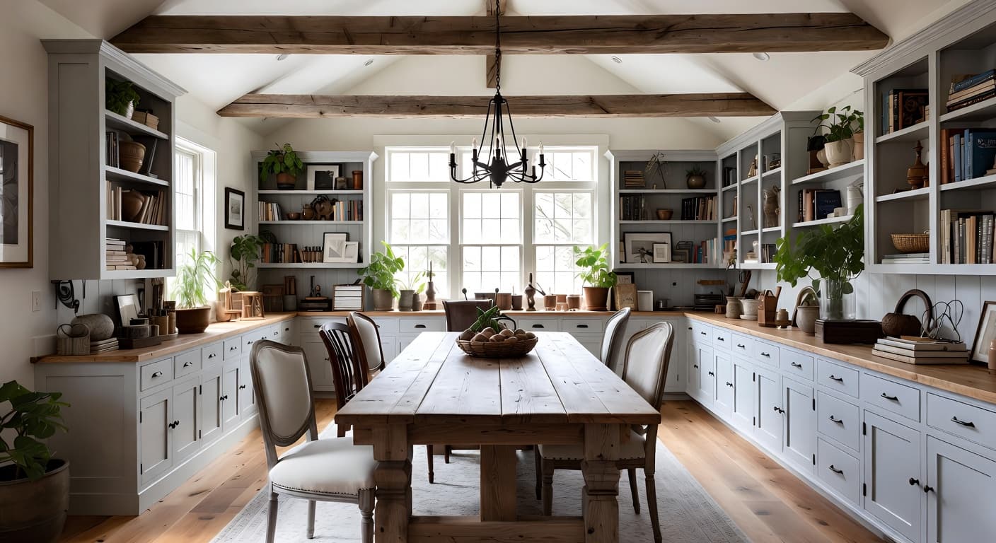 Farmhouse craft room / studio interior design - featuring farmhouse style furniture, decor, colors, and layout ideas for your craft room / studio