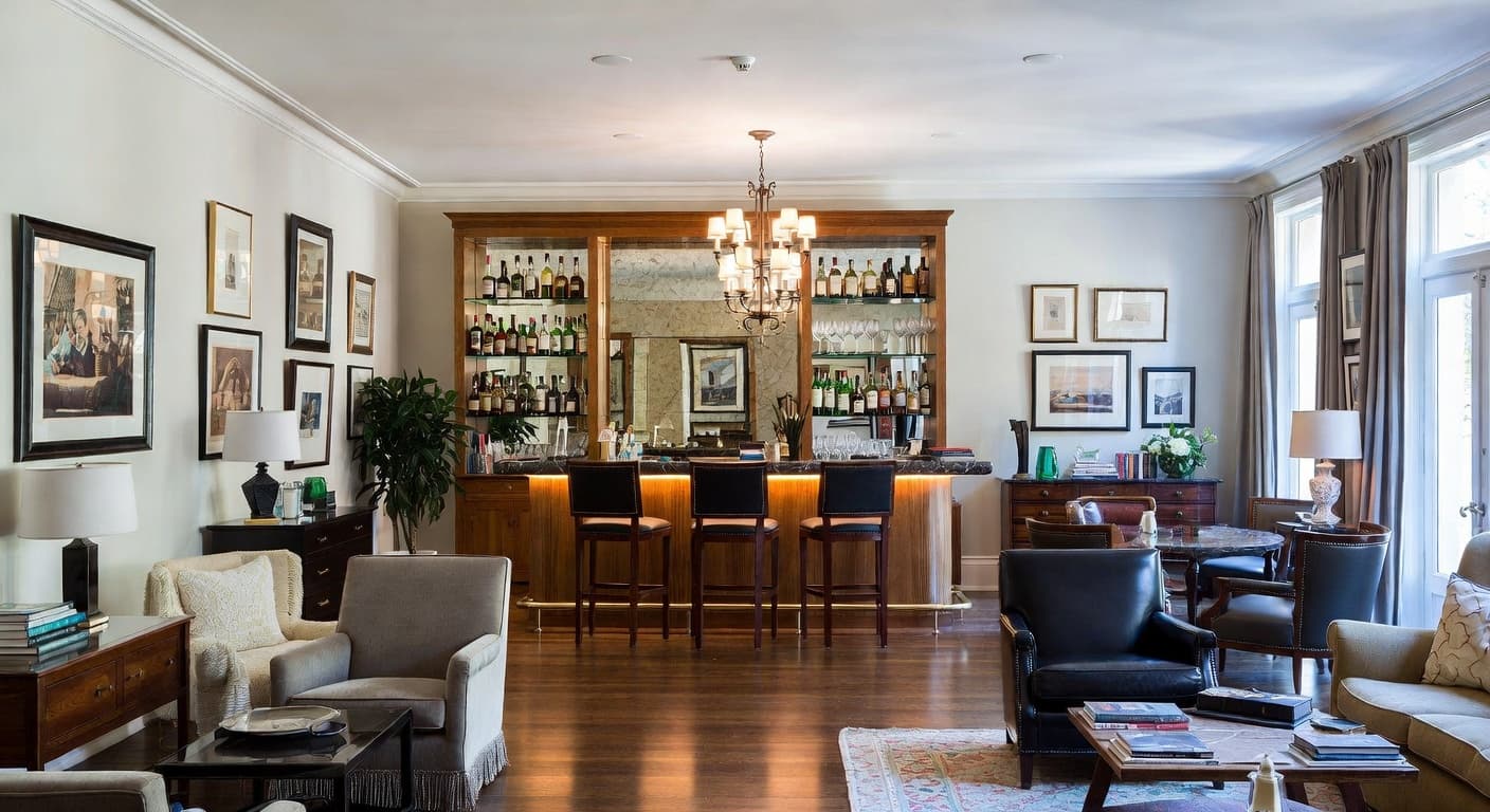 Federal bar room interior design - featuring federal style furniture, decor, colors, and layout ideas for your bar room