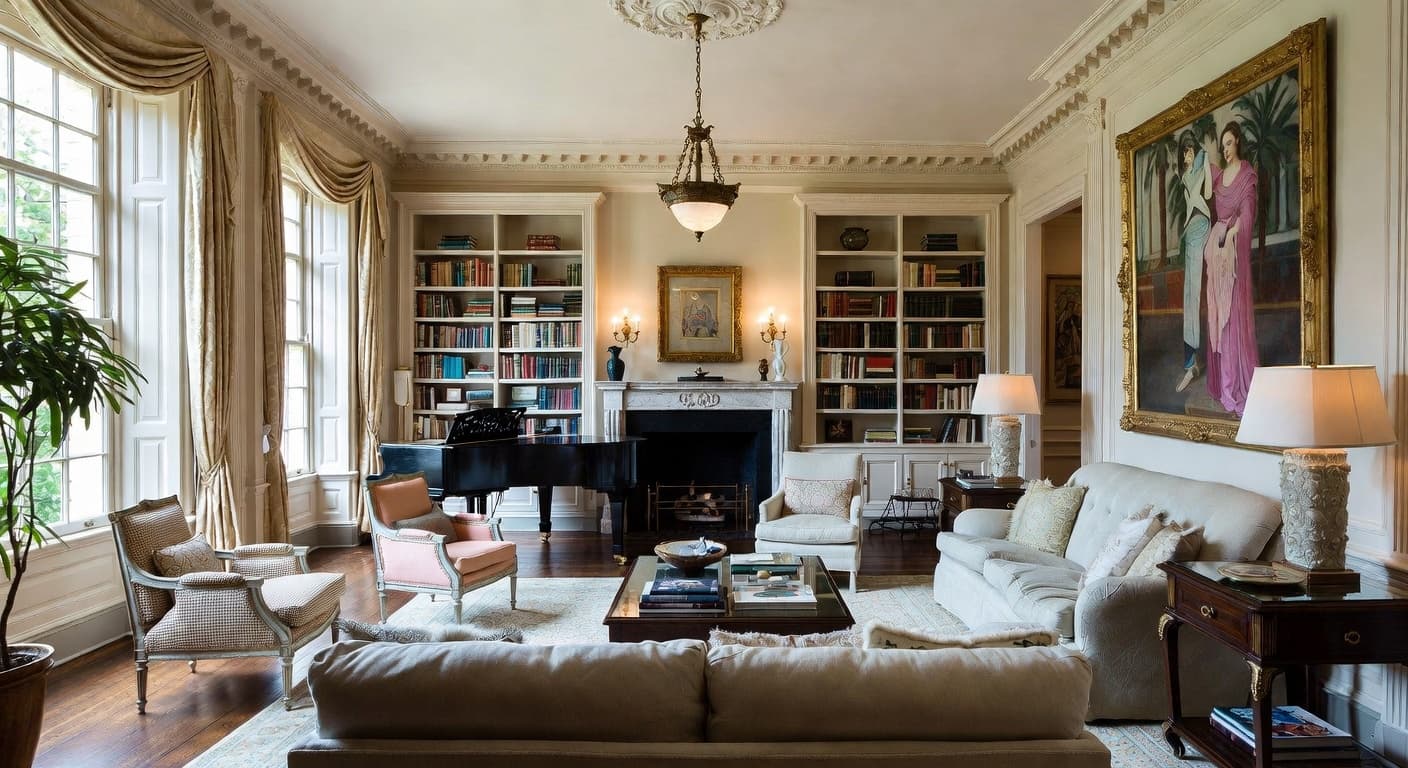 Federal music room interior design - featuring federal style furniture, decor, colors, and layout ideas for your music room