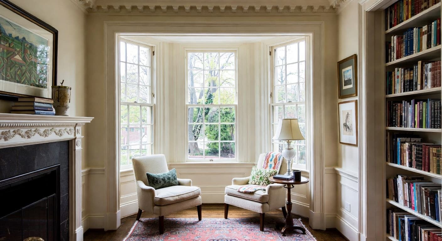 Federal reading nook interior design - featuring federal style furniture, decor, colors, and layout ideas for your reading nook