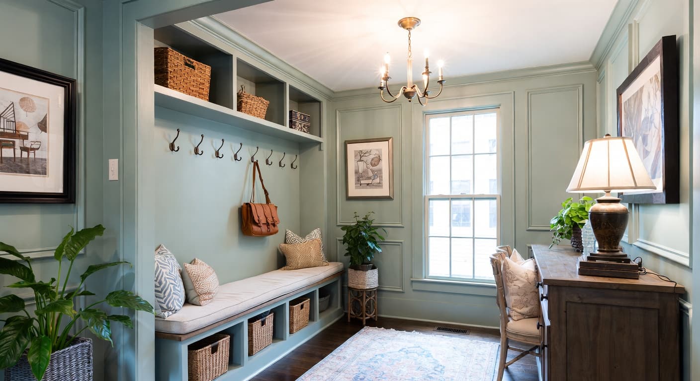 French Country mudroom interior design - featuring french country style furniture, decor, colors, and layout ideas for your mudroom