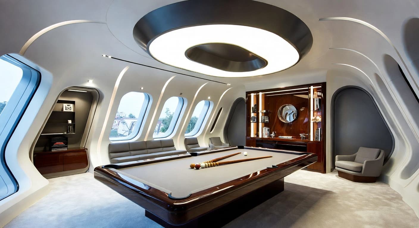 Futuristic billiards room interior design - featuring futuristic style furniture, decor, colors, and layout ideas for your billiards room