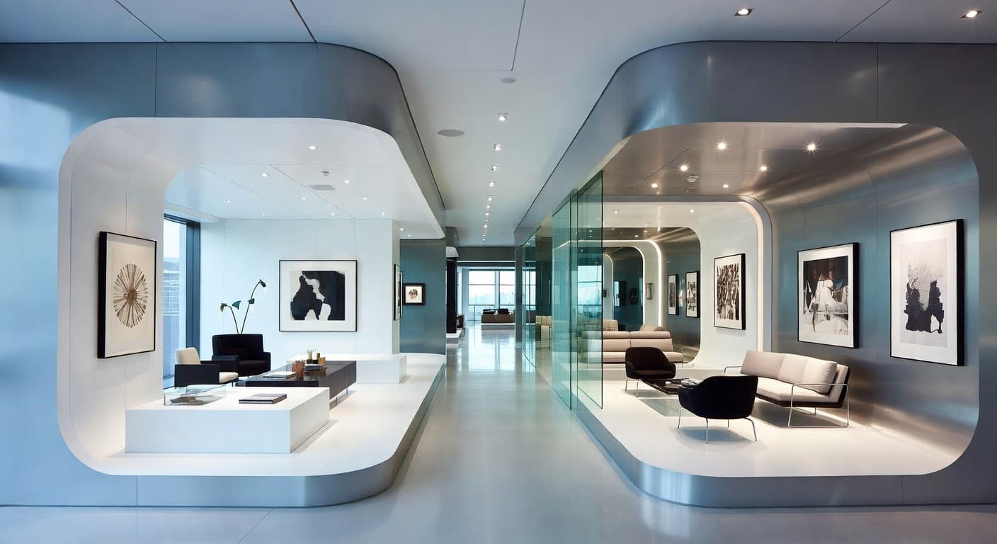 Futuristic gallery / art display interior design - featuring futuristic style furniture, decor, colors, and layout ideas for your gallery / art display