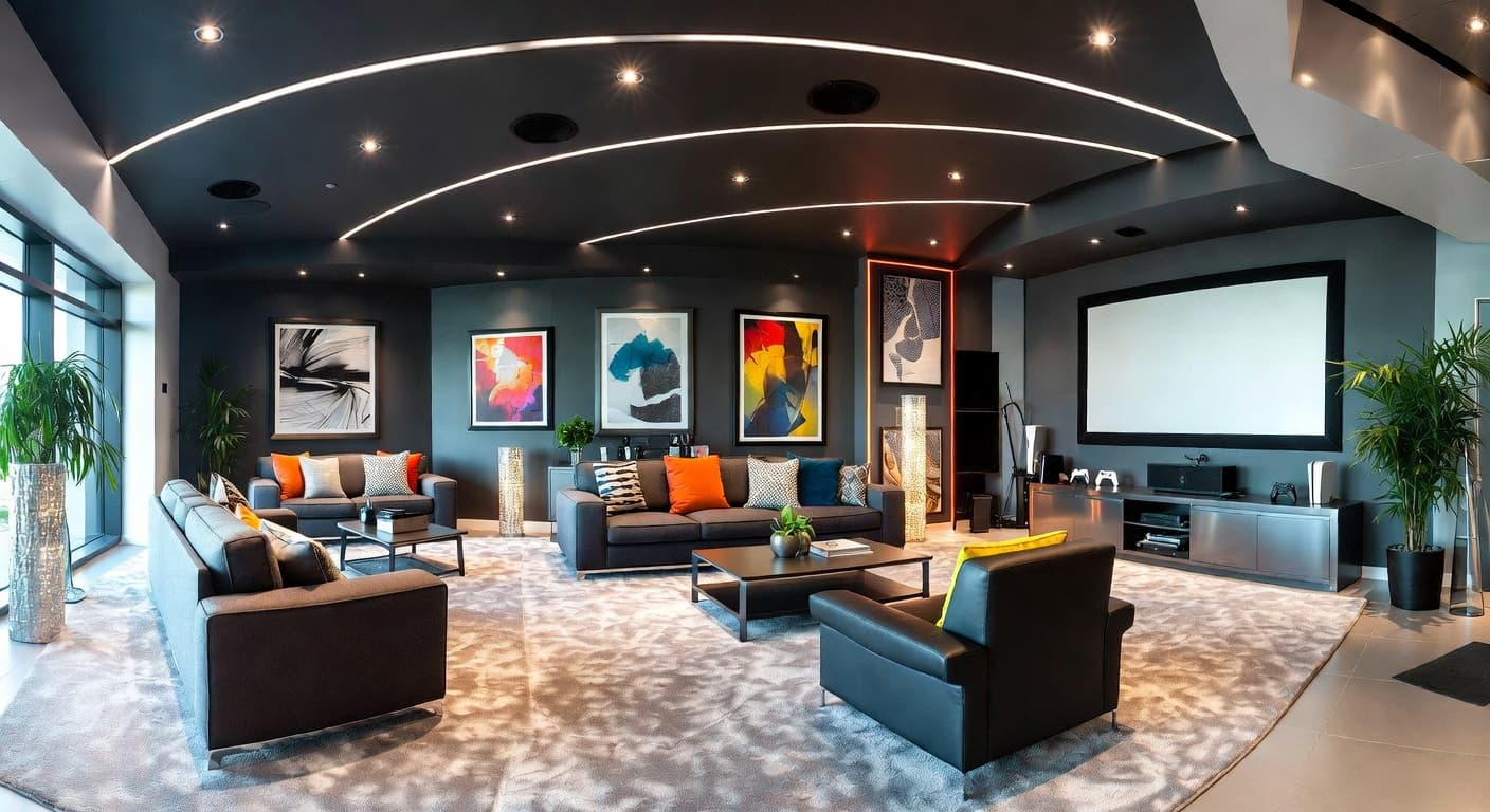 Futuristic game room interior design - featuring futuristic style furniture, decor, colors, and layout ideas for your game room