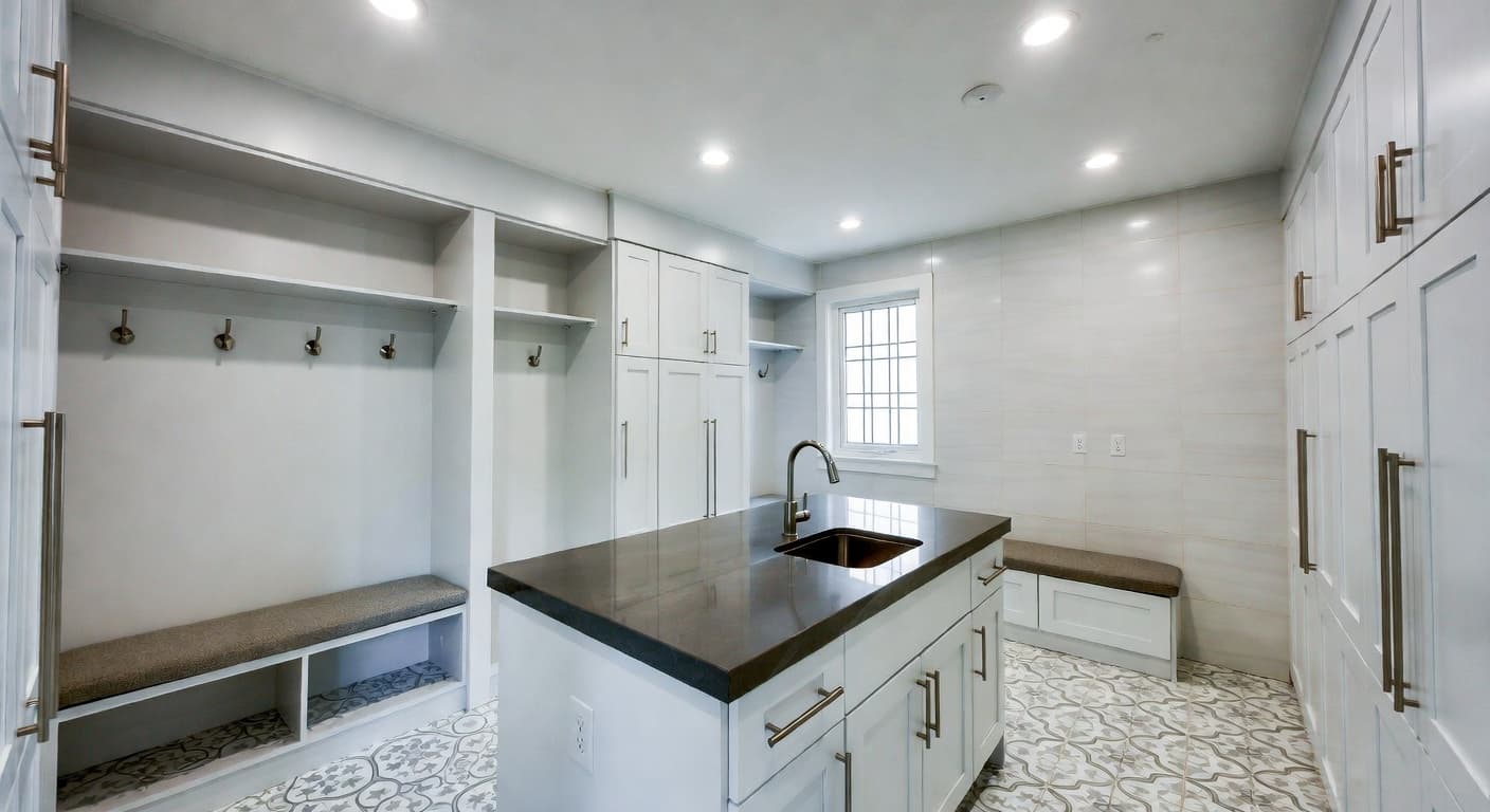 Futuristic mudroom interior design - featuring futuristic style furniture, decor, colors, and layout ideas for your mudroom