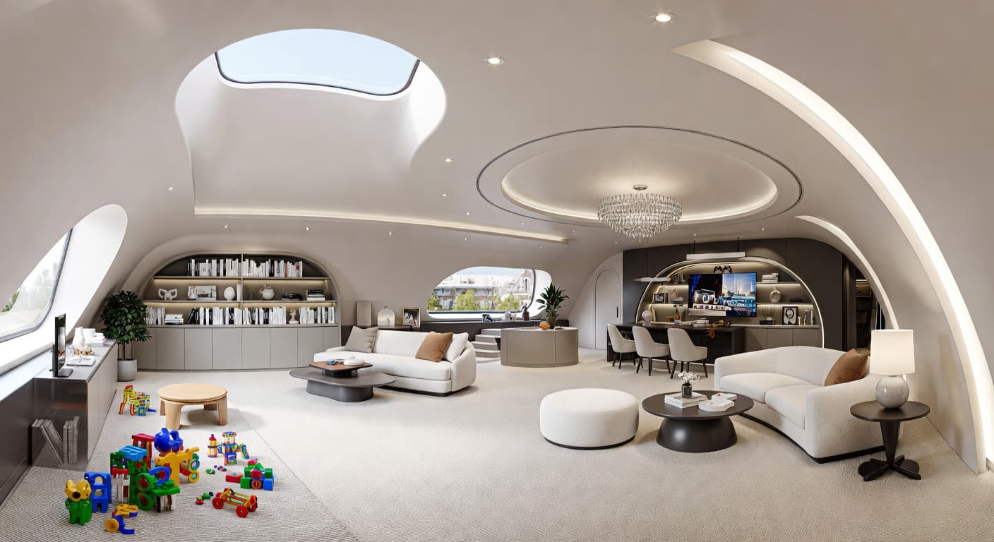 Futuristic playroom interior design - featuring futuristic style furniture, decor, colors, and layout ideas for your playroom