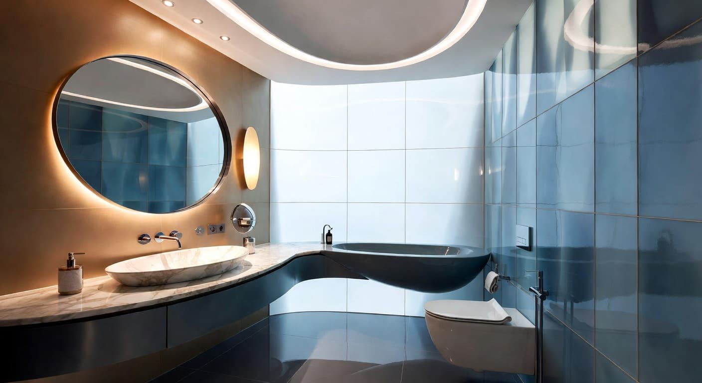 Futuristic powder room interior design - featuring futuristic style furniture, decor, colors, and layout ideas for your powder room