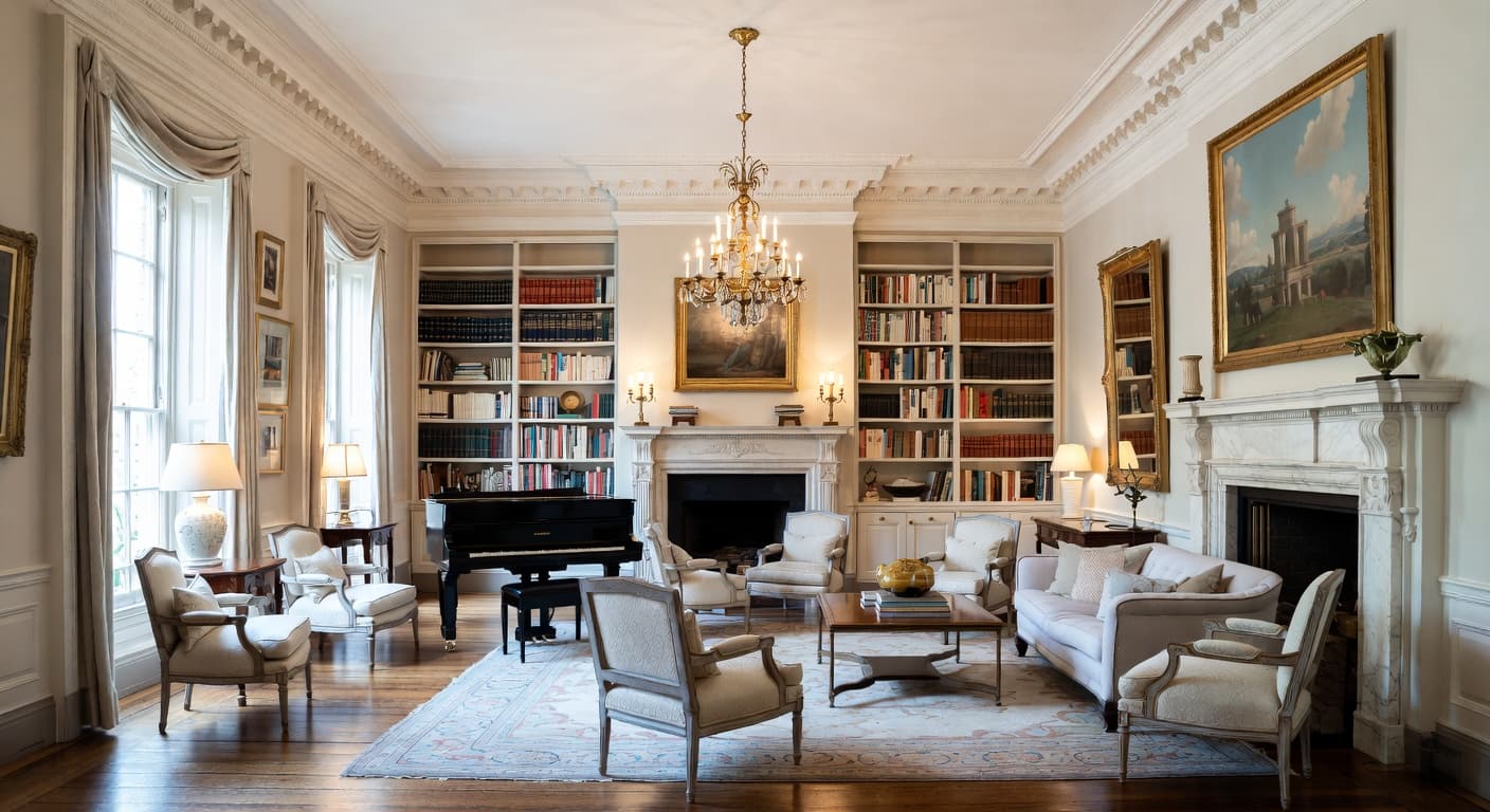 Georgian music room interior design - featuring georgian style furniture, decor, colors, and layout ideas for your music room