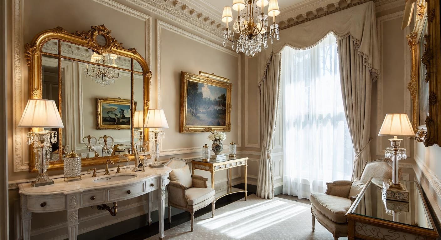 Georgian powder room interior design - featuring georgian style furniture, decor, colors, and layout ideas for your powder room