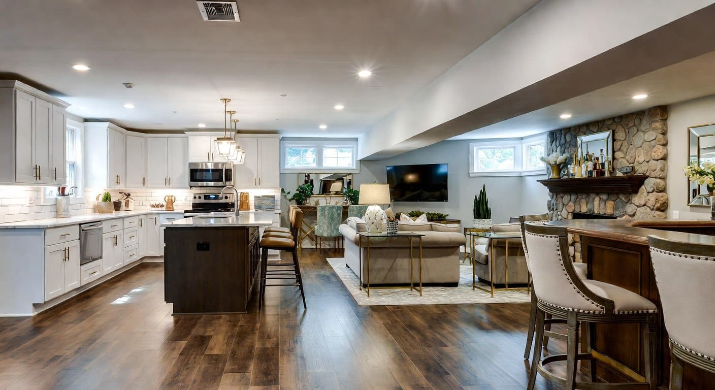 Glam basement interior design - featuring glam style furniture, decor, colors, and layout ideas for your basement