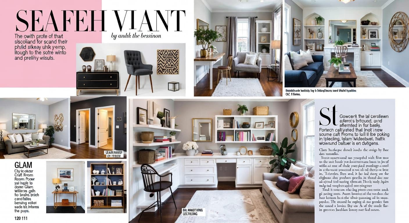 Glam craft room / studio interior design - featuring glam style furniture, decor, colors, and layout ideas for your craft room / studio