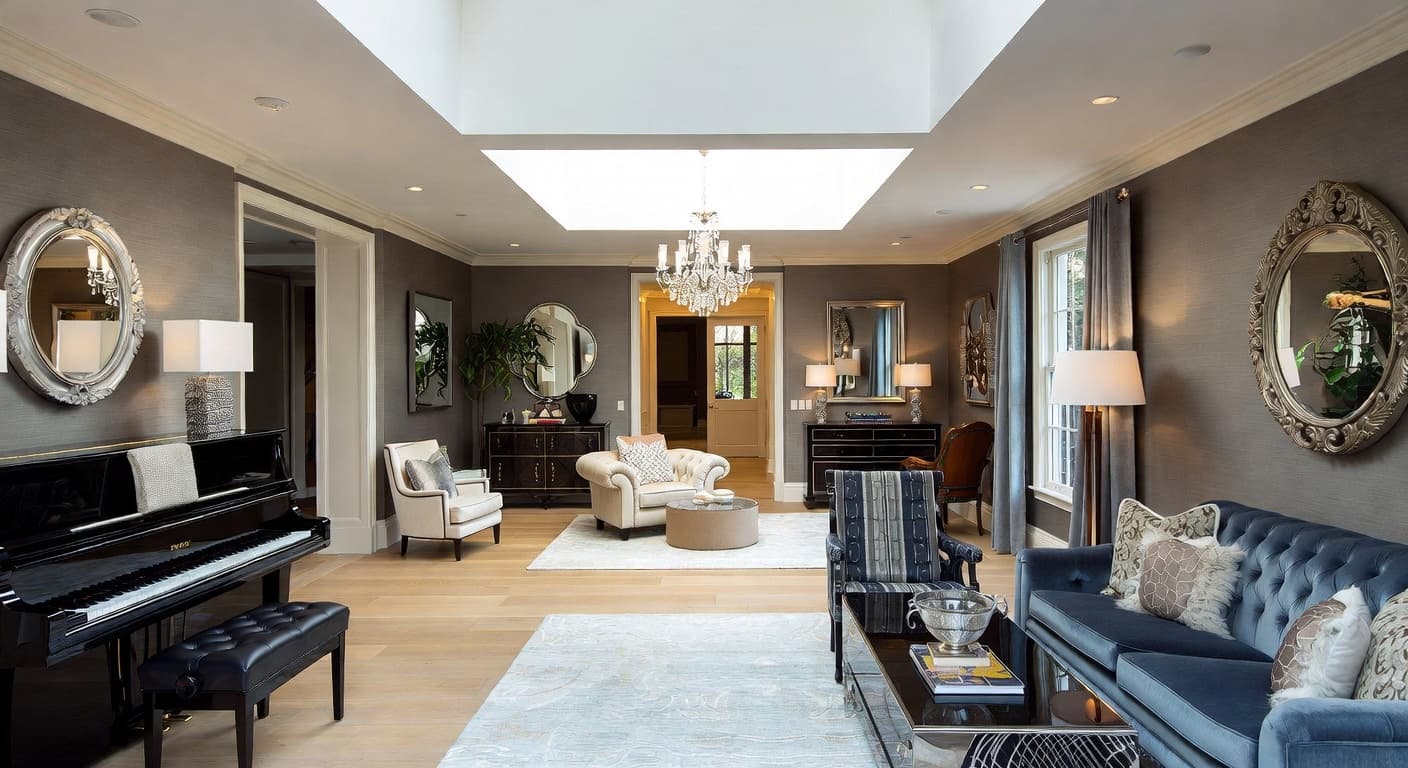 Glam music room interior design - featuring glam style furniture, decor, colors, and layout ideas for your music room