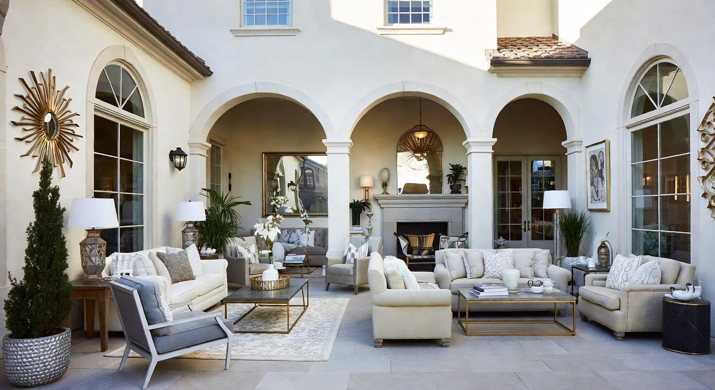 Glam outdoor space interior design - featuring glam style furniture, decor, colors, and layout ideas for your outdoor space