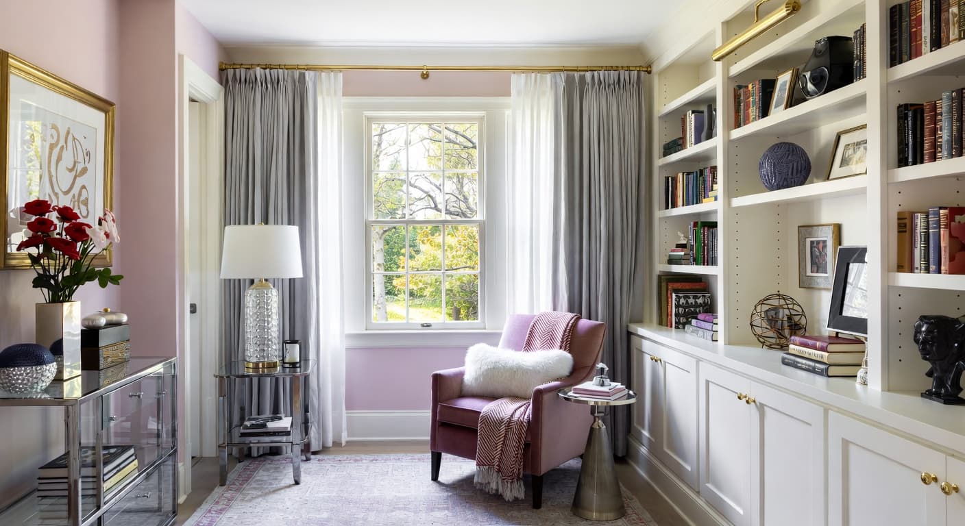 Glam reading nook interior design - featuring glam style furniture, decor, colors, and layout ideas for your reading nook