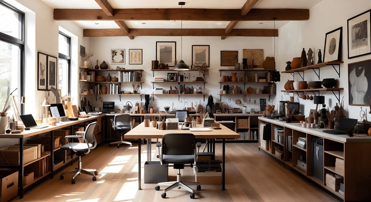 Gorpcore craft room / studio interior design - featuring gorpcore style furniture, decor, colors, and layout ideas for your craft room / studio