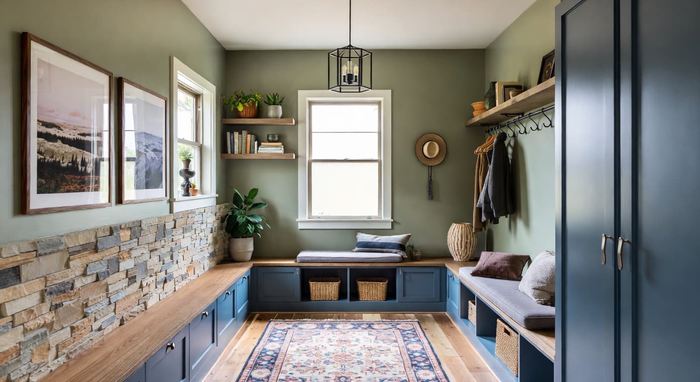 Gorpcore mudroom interior design - featuring gorpcore style furniture, decor, colors, and layout ideas for your mudroom