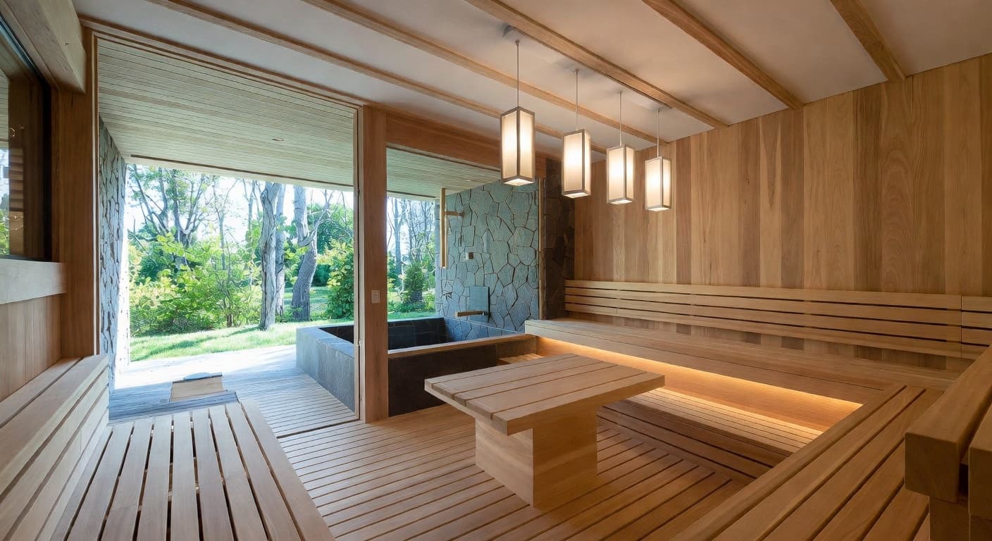 Gorpcore sauna / spa room interior design - featuring gorpcore style furniture, decor, colors, and layout ideas for your sauna / spa room