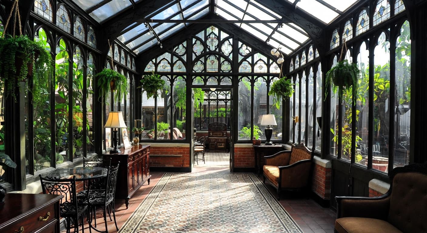 Gothic greenhouse interior design - featuring gothic style furniture, decor, colors, and layout ideas for your greenhouse