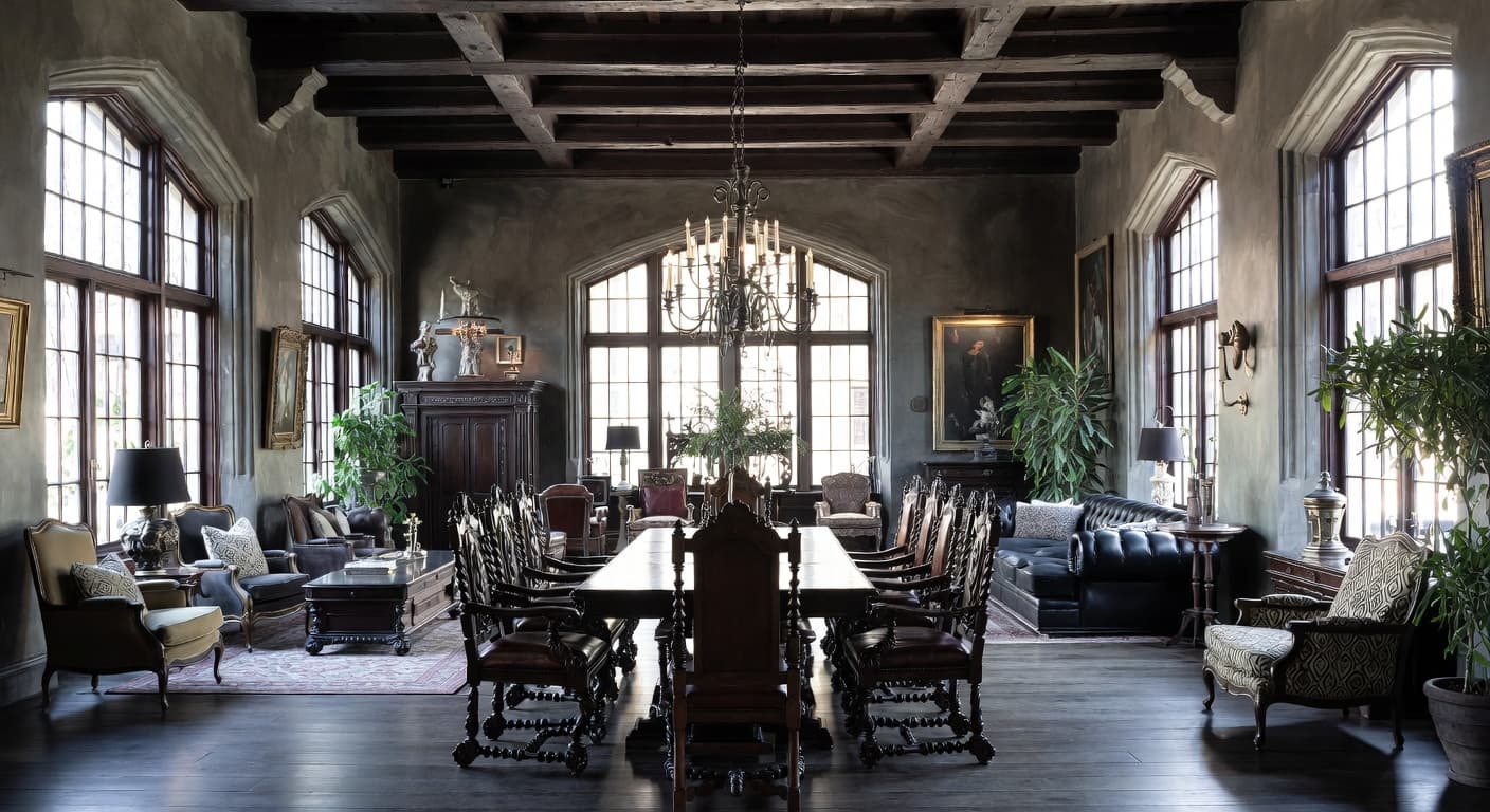 Gothic multi-purpose room interior design - featuring gothic style furniture, decor, colors, and layout ideas for your multi-purpose room