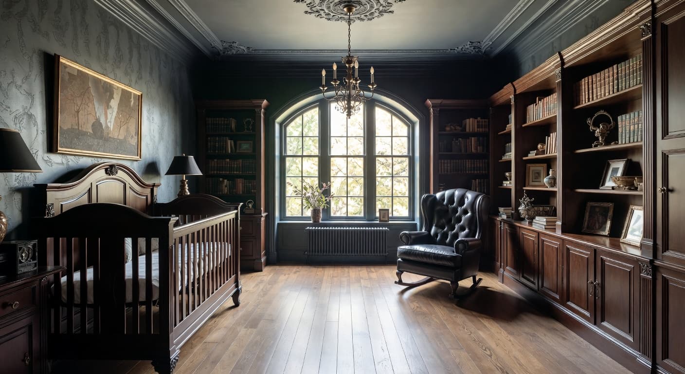 Gothic nursery interior design - featuring gothic style furniture, decor, colors, and layout ideas for your nursery