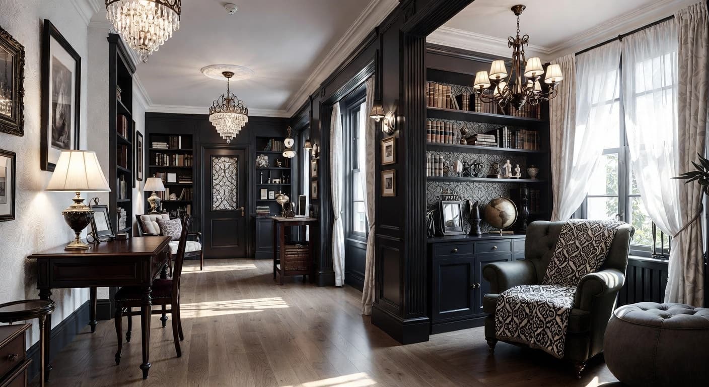 Gothic playroom interior design - featuring gothic style furniture, decor, colors, and layout ideas for your playroom