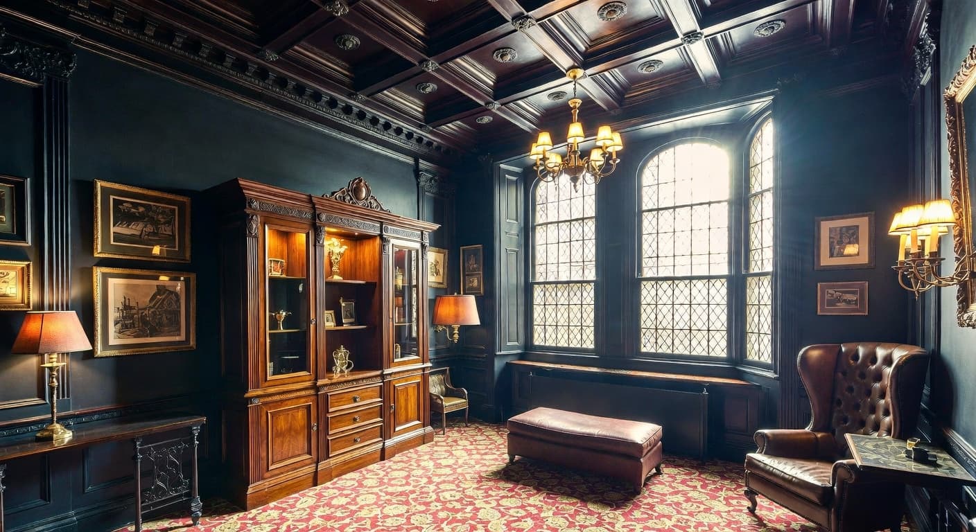Gothic smoking room / cigar lounge interior design - featuring gothic style furniture, decor, colors, and layout ideas for your smoking room / cigar lounge
