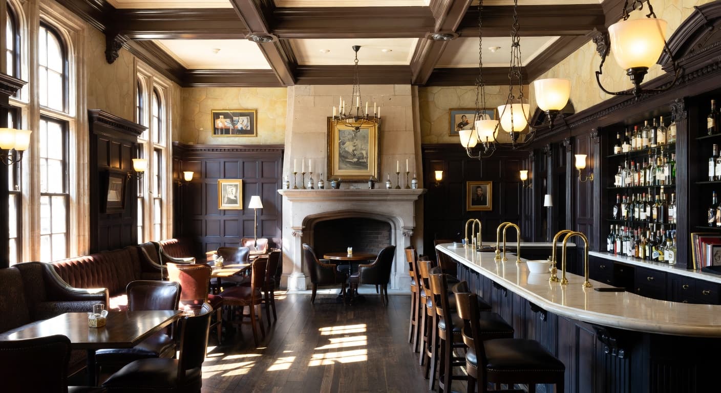 Gothic Revival bar room interior design - featuring gothic revival style furniture, decor, colors, and layout ideas for your bar room