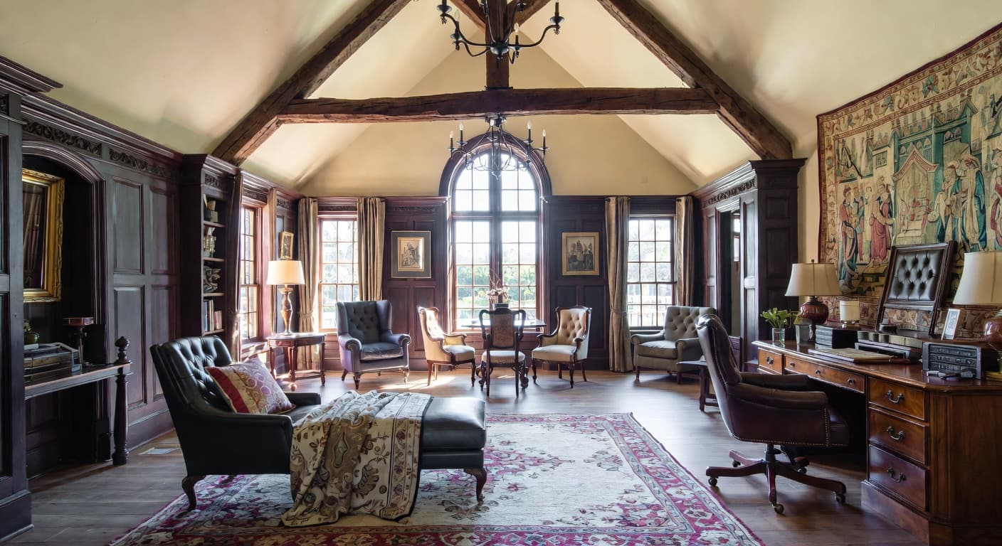 Gothic Revival craft room / studio interior design - featuring gothic revival style furniture, decor, colors, and layout ideas for your craft room / studio