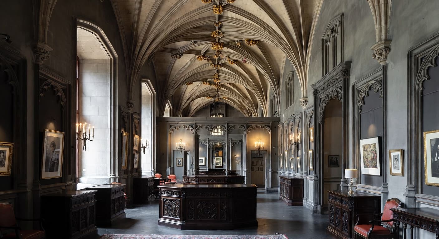 Gothic Revival gallery / art display interior design - featuring gothic revival style furniture, decor, colors, and layout ideas for your gallery / art display